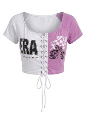 Mengsi Two-Tone Lace-Up Crop Top - White & Lilac